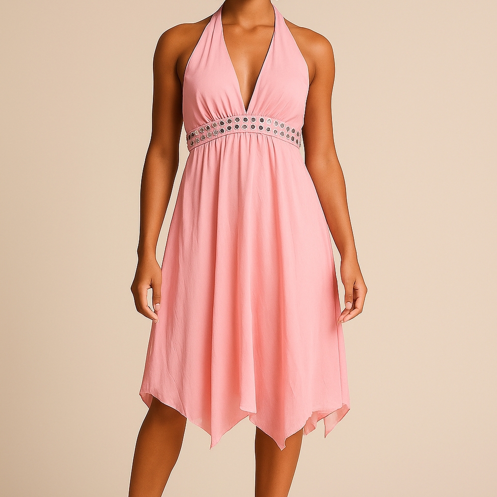 Pink Halter Dress with Embellished Waist